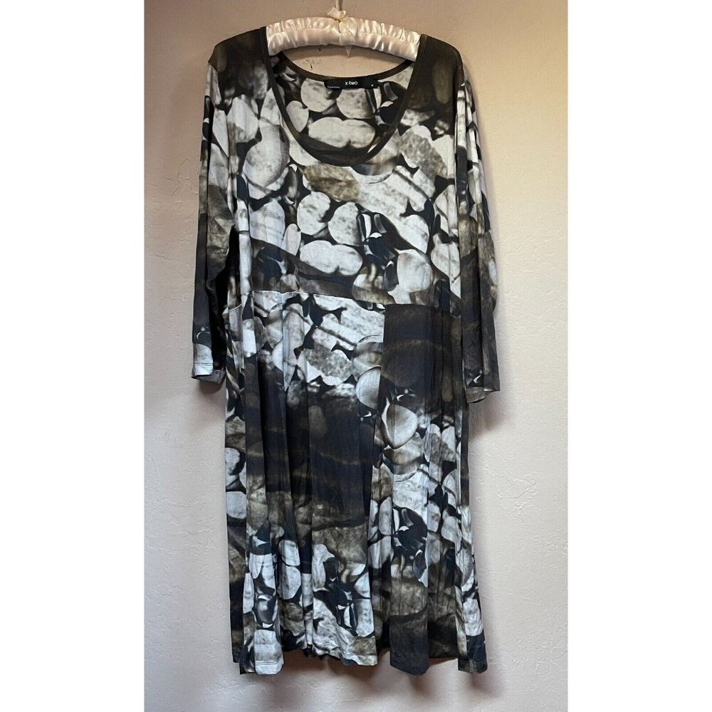 X-Two Womens Sz 2 Scoop Neck 3/4 Sleeve Casual A-Line Flowy Dress Abstract Print